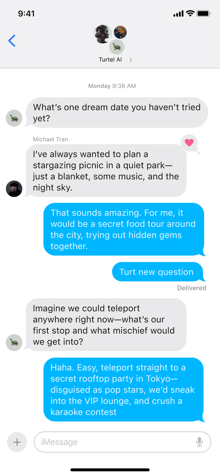 Turtel app screenshot showing conversation prompts